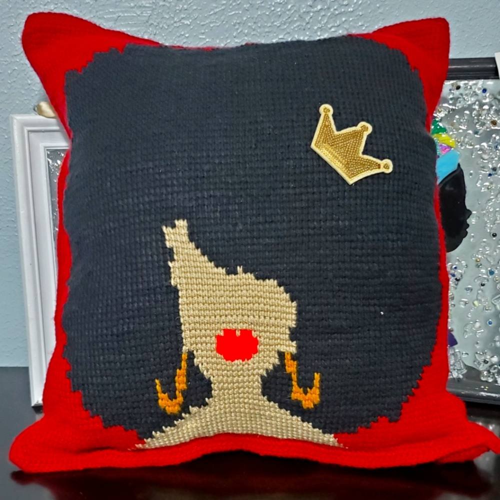 "The Queen". Hand- Crafted Crocheted Pillow with burgundy background. - Picture 1 of 4
